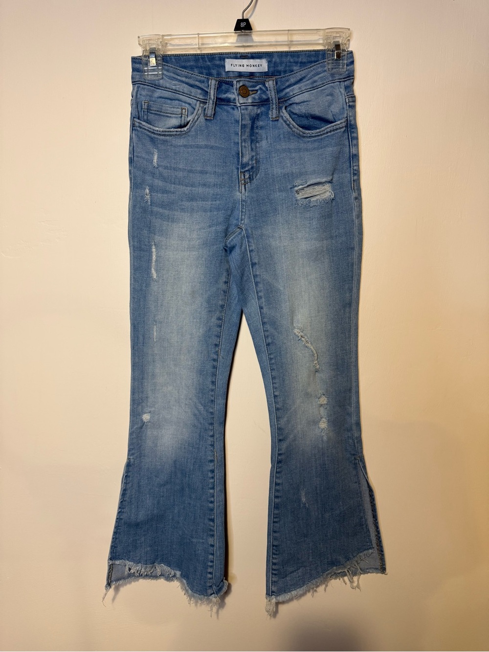 Flying Monkey Light Wash Distressed Raw Hem Kick Flare Cropped Jeans Size 24